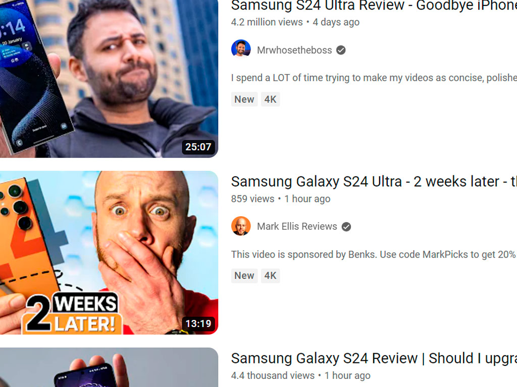 Скриншот обзоров s24 на ютуб.